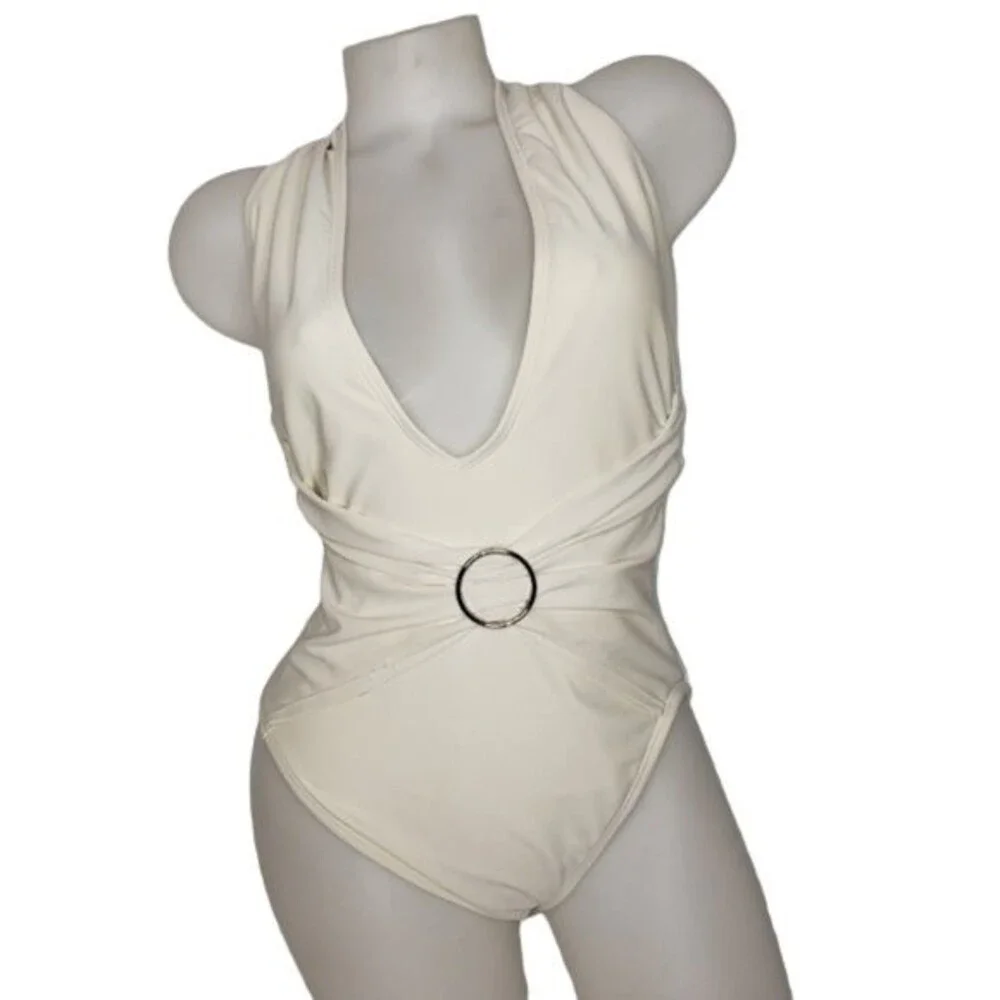ANNE COLE DEEP PLUNGE WHITE ONE PIECE SWIMSUIT SIZE 12
